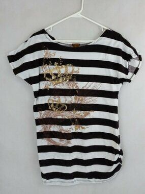 Copper Key Brown & White Stripe Shirt With Crown Design Size XL